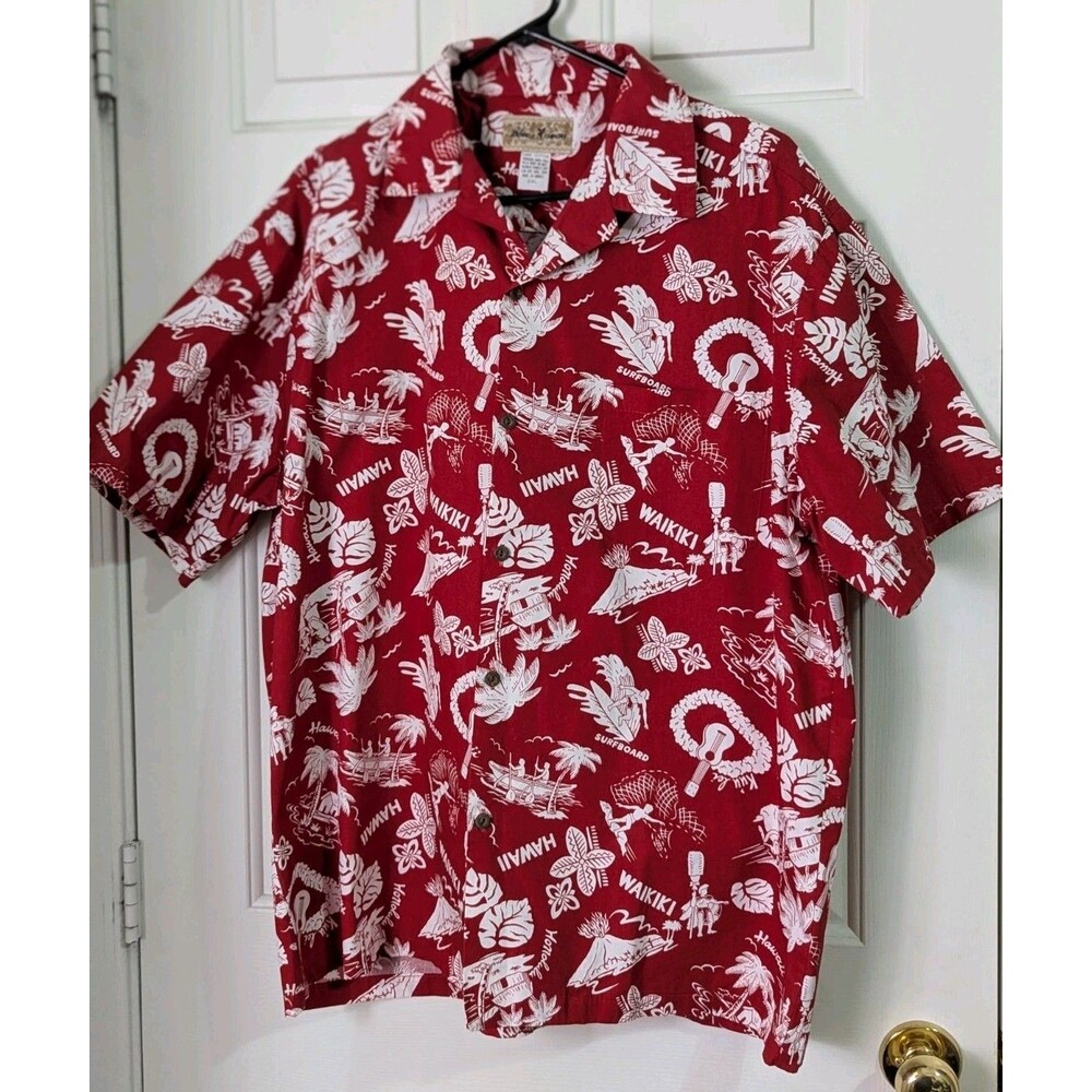 VTG Blue Hawaii Hawaiian Shirt Mens 2XL Red Waikiki Surfboard Volcano Retro